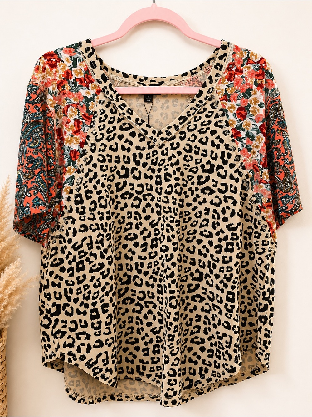 Leopard & Floral Mix V-Neck Tee - Beige/Black with Red-Orange Accents - Picture 1 of 1